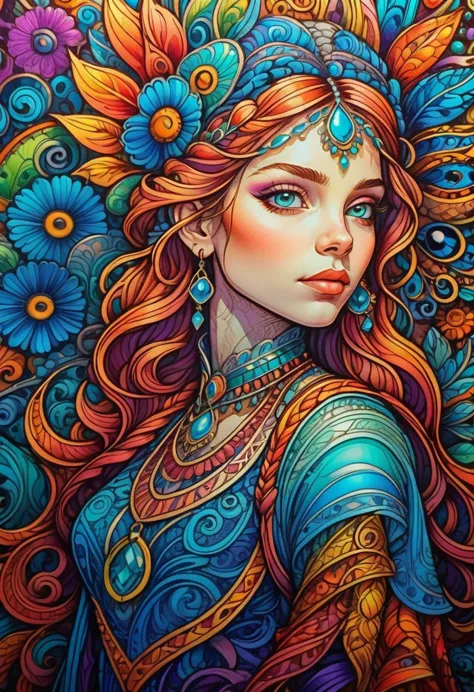 close shot bohemian princess, character portrait, backlit, vivid colors, vibrant colors,  intricate details, intricate line draw...