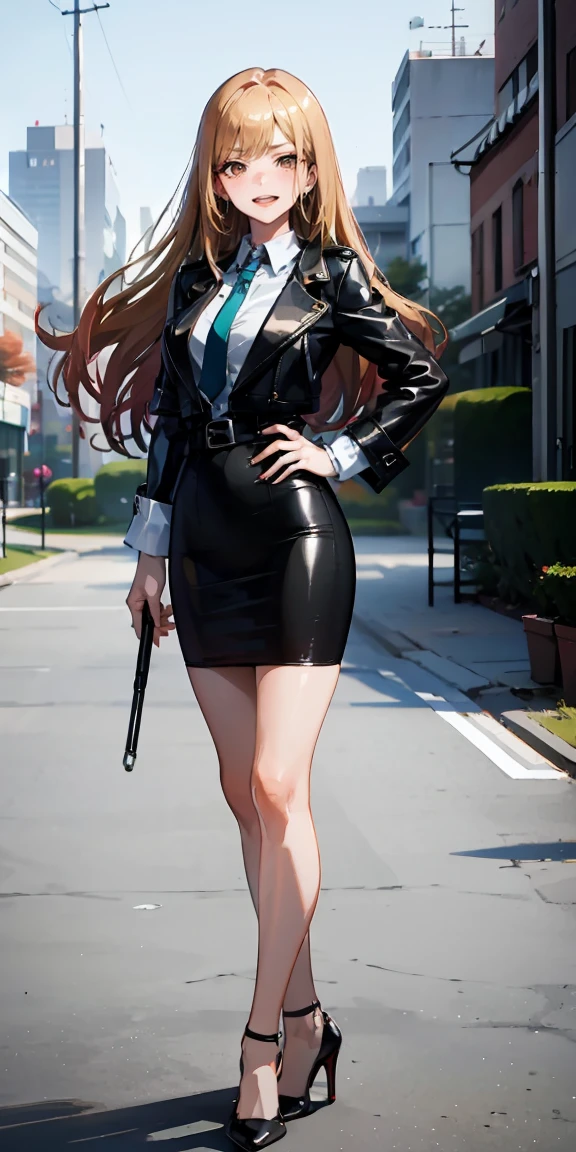 Marin Kitagawa,intenseglare,(best quality:1.6, highres), (beautiful detailed eyes:1.2), elevated, high-quality, beautiful face, 1 girl, leather pencil skirt, oversized leather jacket, blackbird, long hair, wide hips, landscape beautification, street, background, detailed background, sinister smile, angled laughter, long coat, blouse, tie, office woman, mature,((high heels)),A look of contempt,disgusting expression,