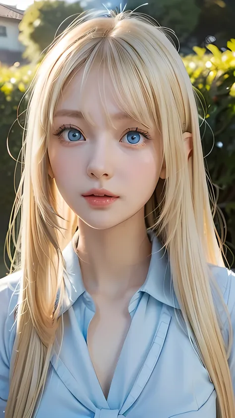 one girl、a beautiful girl、portrait、school uniform、blue sky、bright and very beautiful babyface、young and very white shiny skin,、t...