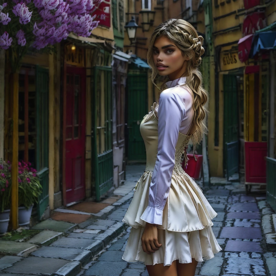 slmn, sara sampaio,1girl, skinny,  petite, blonde, masterpiece,best quality,highres,ultra-detailed,aadarjeeling,braid,bangs,medieval,long sleeves, rapunzel dress is a red-colored gown with puffed sleeves and a corset-style bodice. The bodice is typically decorated with intricate lace or floral embroidery. The skirt flows out from the waist, made of layers of soft, pastel-colored fabric, such as chiffon or tulle.old village,standing,:smile, from side