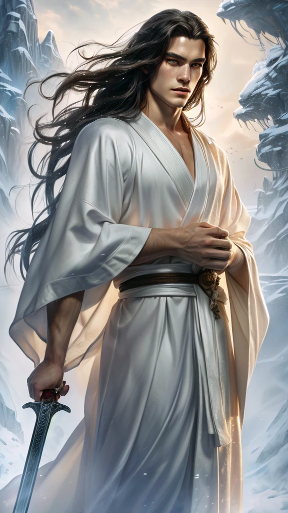 a close-up of a person, who holds a sword in a sky, flowing hair and long robes, handsome guy in demon slayer art, flowing white robes, by Yang J, beautiful male death god, Fell, flowing white robe, wear flowing robes, beautiful character painting, by Li Song, von Zhou Fang, by Yang Jin, High resolution, Exactly, best quality, super detailed, 