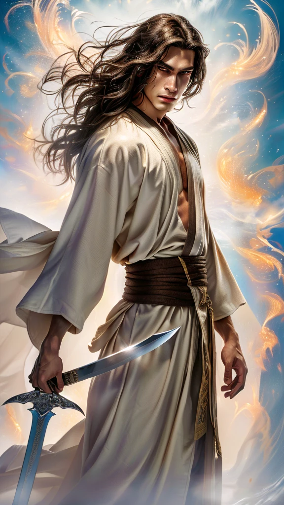 a close-up of a person, who holds a sword in a sky, flowing hair and long robes, handsome guy in demon slayer art, flowing white robes, by Yang J, beautiful male death god, Fell, flowing white robe, wear flowing robes, beautiful character painting, by Li Song, von Zhou Fang, by Yang Jin, High resolution, Exactly, best quality, super detailed, 