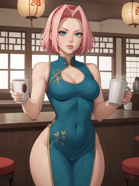 haruno sakura.short pale pink hair, large light green eyes, a large forehead, thin lips, small saggy breasts and very fair skin....