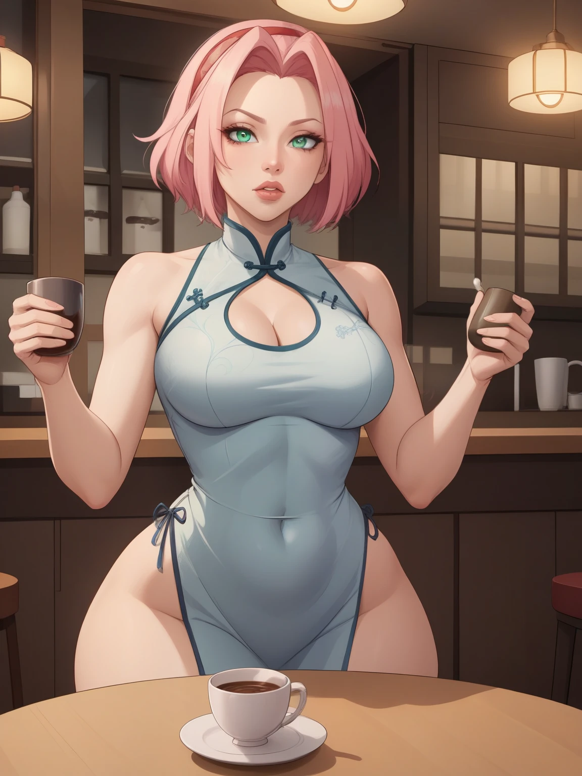 Haruno Sakura.short pale pink hair, large light green eyes, a large forehead, thin lips, small saggy breasts and very fair skin. huge hips. A disdainfully angry expression on his face. choker. china dress. cafe. a cup of coffee and croissants. 
