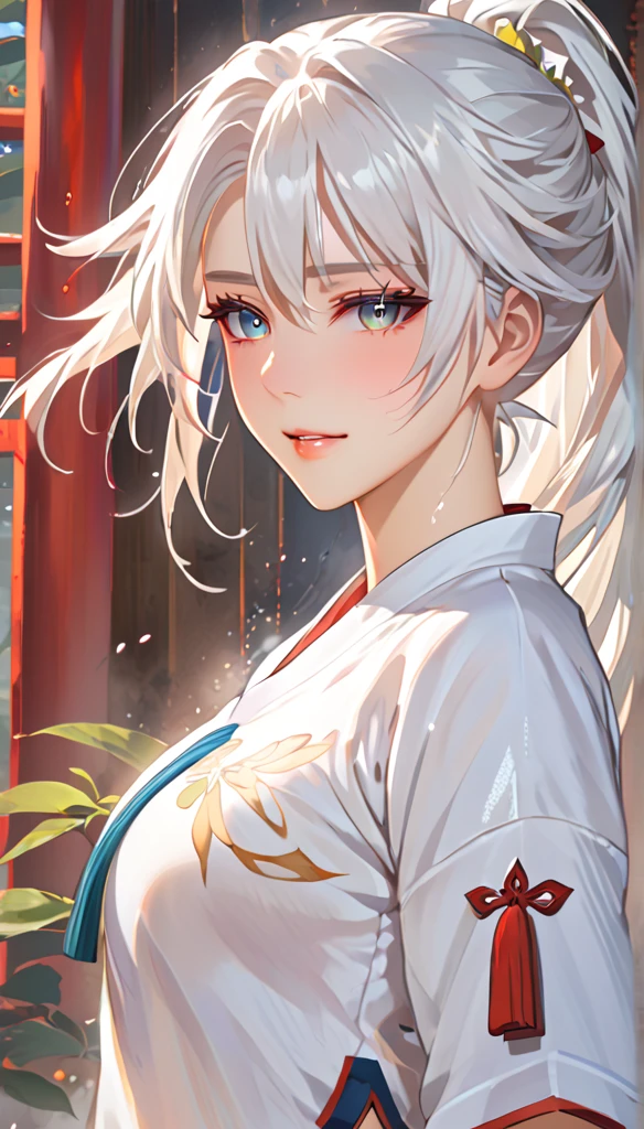 anime girl with long white hair and gym uniform, white haired deity, by Shitao, seductive anime girl, white haired, perfect white haired girl, white haired lady, white-haired, onmyoji portrait, white - haired fox, onmyoji, anime goddess, armpits, sweaty