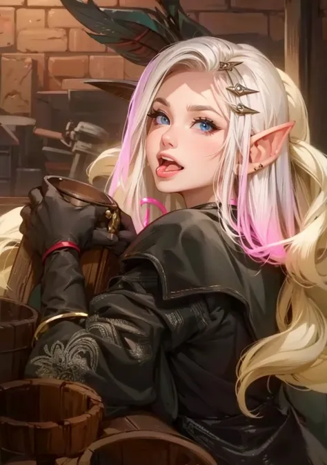 woman elf  happy with tongue out. raising an eyebrow