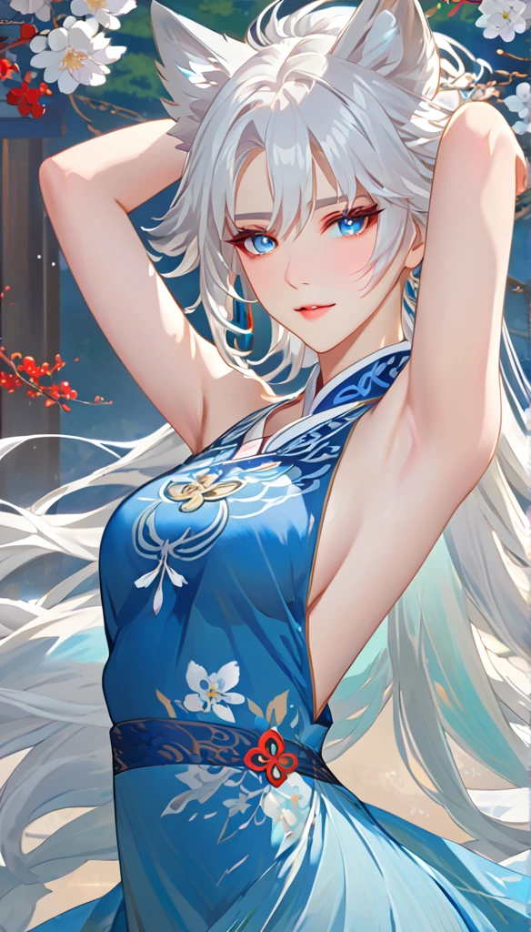 anime girl with long white hair and blue dress posing, white haired deity, by Shitao, seductive anime girl, white haired, perfect white haired girl, white haired lady, white-haired, onmyoji portrait, white - haired fox, onmyoji, anime goddess, armpits