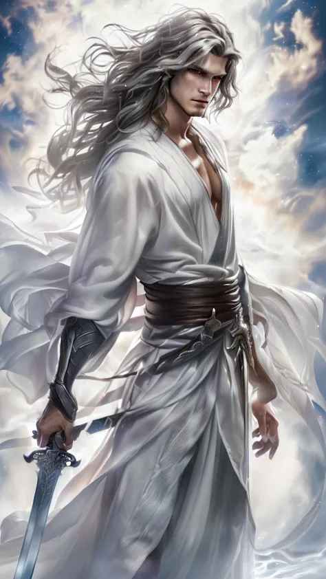 a close-up of a person, who holds a sword in a sky, flowing hair and long robes, handsome guy in demon slayer art, flowing white...