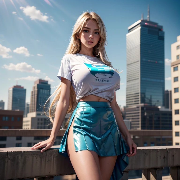 girl, 1girl, detailed eyes, shiny hair, light teal eyes, long blonde hair, small breasts, shiny skin, short girl, full body, straight hair, dumb, ((hero themed tshirt and blue skirt )), blue sky, rooftop, best quality, 4k, 8k, highres, masterpiece:1.2, ultra-detailed, realistic, photorealistic:1.37, HDR, UHD, studio lighting, ultra-fine painting, sharp focus, physically-based rendering, extreme detail description, professional, vivid colors, bokeh