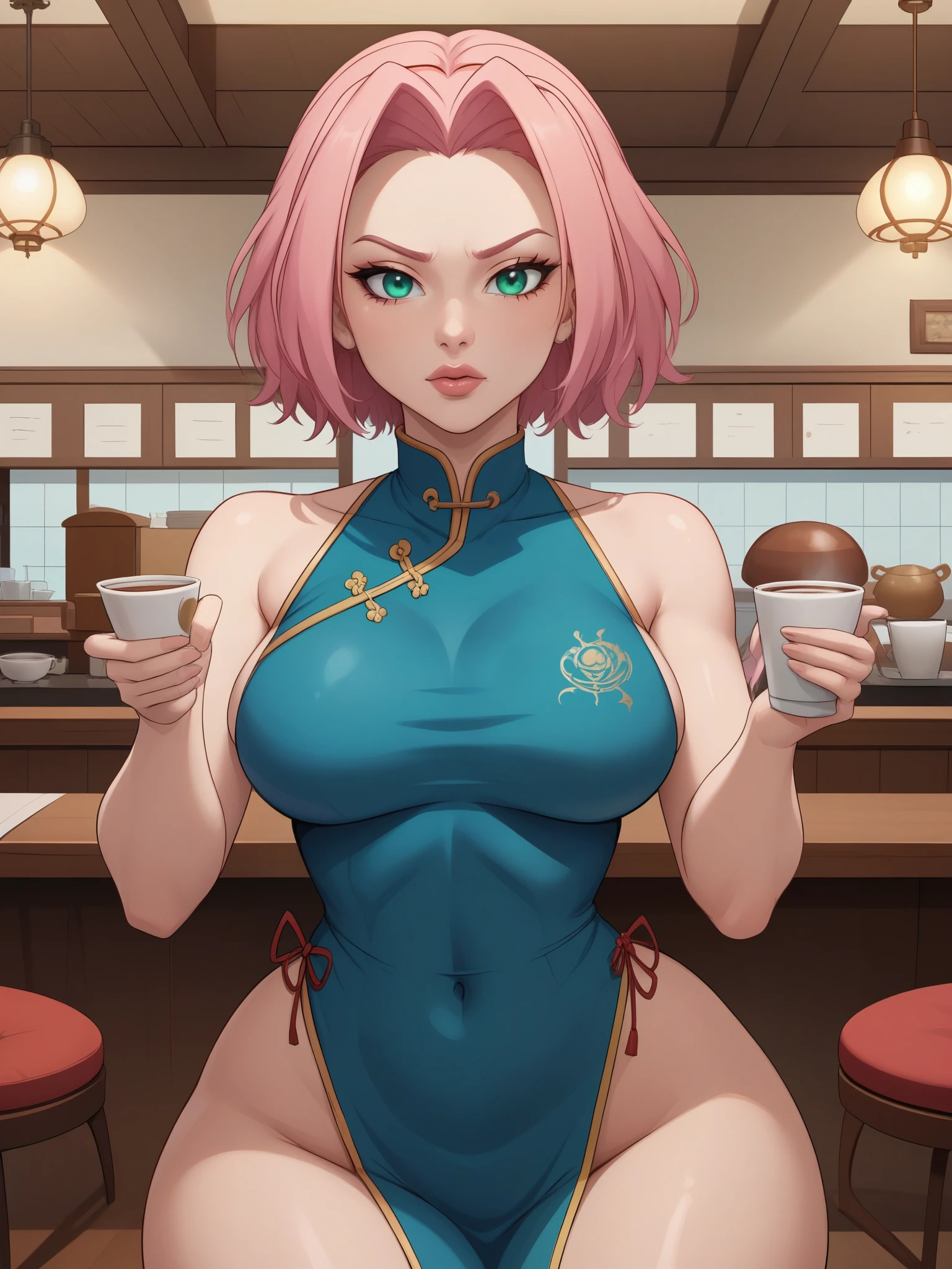 Haruno Sakura.short pale pink hair, large light green eyes, a large forehead, thin lips, small saggy breasts and very fair skin. huge hips. A disdainfully angry expression on his face. choker. china dress. cafe. a cup of coffee and croissants. 
