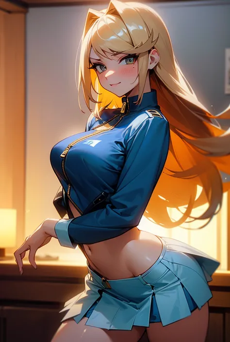 mythra hikari, long blonde hair, t-shirt with neckline, blue jacket with open zipper, sexy and hot low-rise skirt, motel room at...