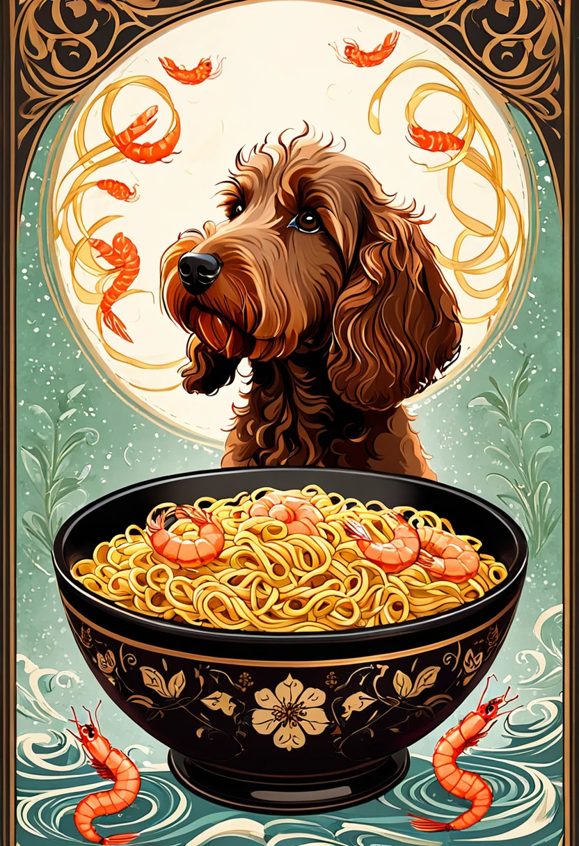 (best quality,4k,8k,highres,masterpiece:1.2),ultra-detailed,10's noodles advertisement poster, Art Nouveau Style, brown labradoodle and a bowl of noodles with shrimp inside, simple color palette, poster takes up the full frame, simple design,ArsMJStyle, Art Nouveau
