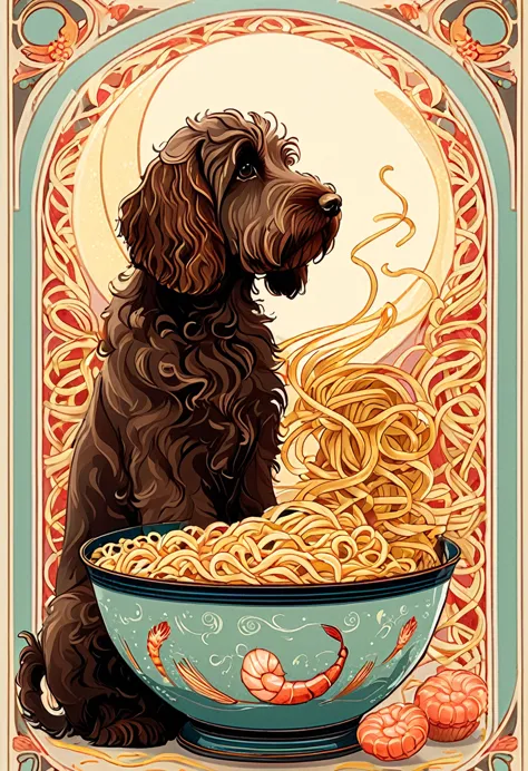 (best quality,4k,8k,highres,masterpiece:1.2),ultra-detailed,10's noodles advertisement poster, art nouveau style, brown labradoo...