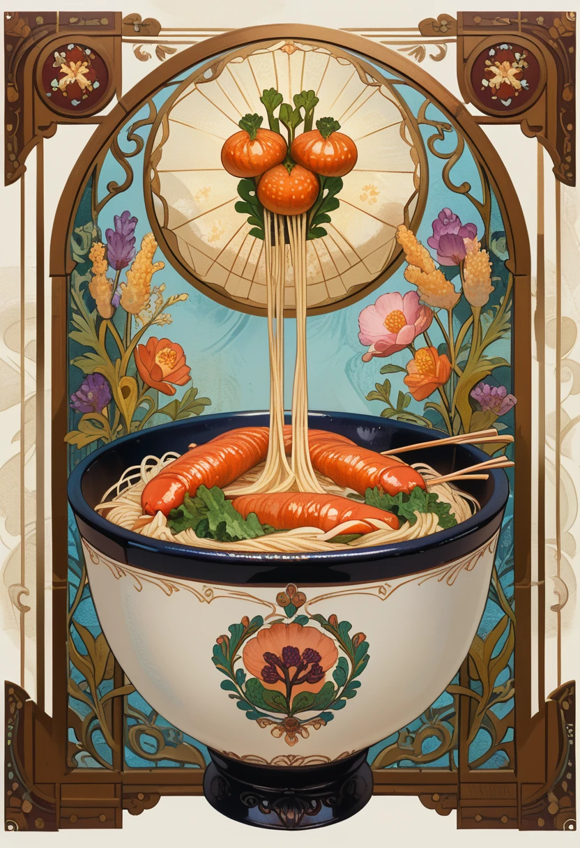 score_9, score_8_up, score_7_up,(best quality,4k,8k,highres,masterpiece:1.2),ultra-detailed,10's noodles advertisement poster, Art Nouveau Style, brown labradoodle and a bowl of noodles with shrimp inside, simple color palette, poster takes up the full frame, simple design,ArsMJStyle, Art Nouveau
