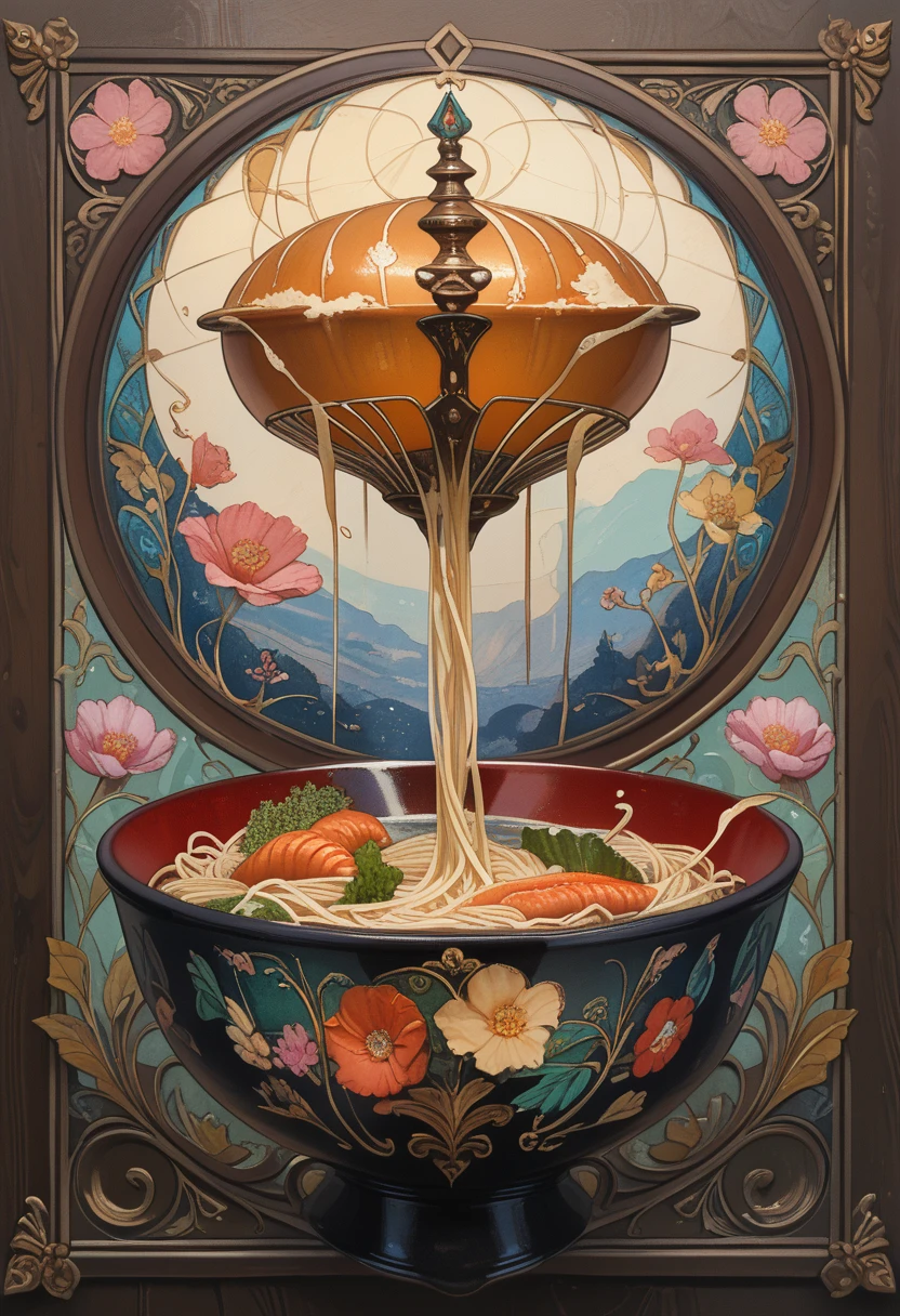 score_9, score_8_up, score_7_up,(best quality,4k,8k,highres,masterpiece:1.2),ultra-detailed,10's noodles advertisement poster, Art Nouveau Style, brown labradoodle and a bowl of noodles with shrimp inside, simple color palette, poster takes up the full frame, simple design,ArsMJStyle, Art Nouveau, 