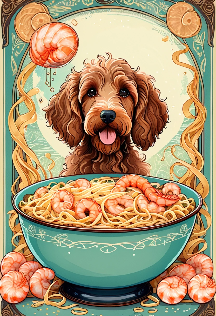 (best quality,4k,8k,highres,masterpiece:1.2),ultra-detailed,10's noodles advertisement poster, Art Nouveau Style, brown labradoodle and a bowl of noodles with shrimp inside, simple color palette, poster takes up the full frame, simple design,ArsMJStyle, Art Nouveau
