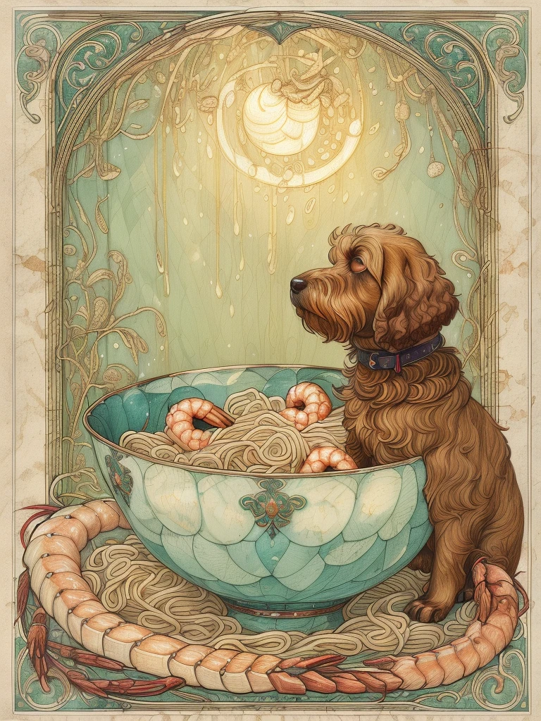 (best quality,4k,8k,highres,masterpiece:1.2),ultra-detailed,10's noodles advertisement poster, Art Nouveau Style, brown labradoodle and a bowl of noodles with shrimp inside, simple color palette, poster takes up the full frame, simple design,ArsMJStyle, Art Nouveau