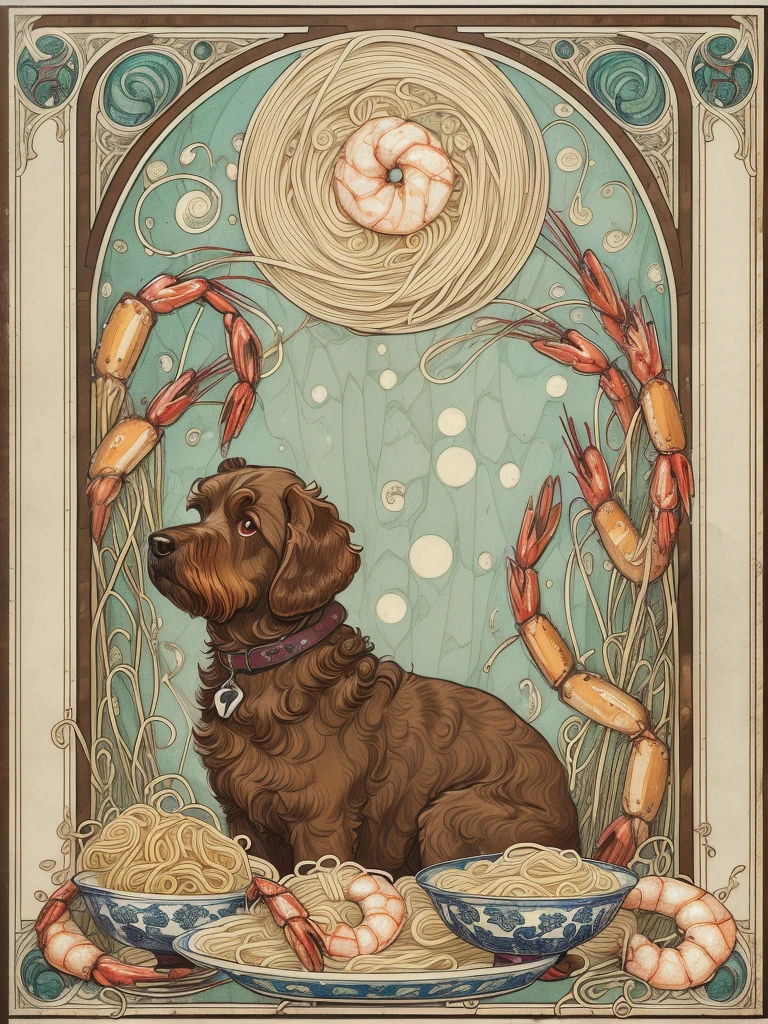 (best quality,4k,8k,highres,masterpiece:1.2),ultra-detailed,10's noodles advertisement poster, Art Nouveau Style, brown labradoodle and a bowl of noodles with shrimp inside, simple color palette, poster takes up the full frame, simple design,ArsMJStyle, Art Nouveau, dog lording over noodles, 