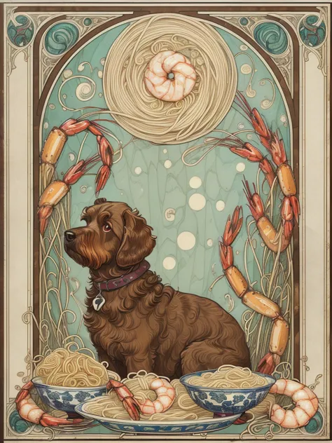 (best quality,4k,8k,highres,masterpiece:1.2),ultra-detailed,10's noodles advertisement poster, art nouveau style, brown labradoo...