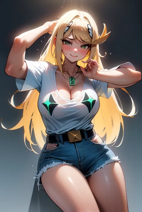 mythra hikari, long blonde hair, t-shirt with cleavage, sexy denim skirt, motel room vibe, intimate and compromising pose, compl...