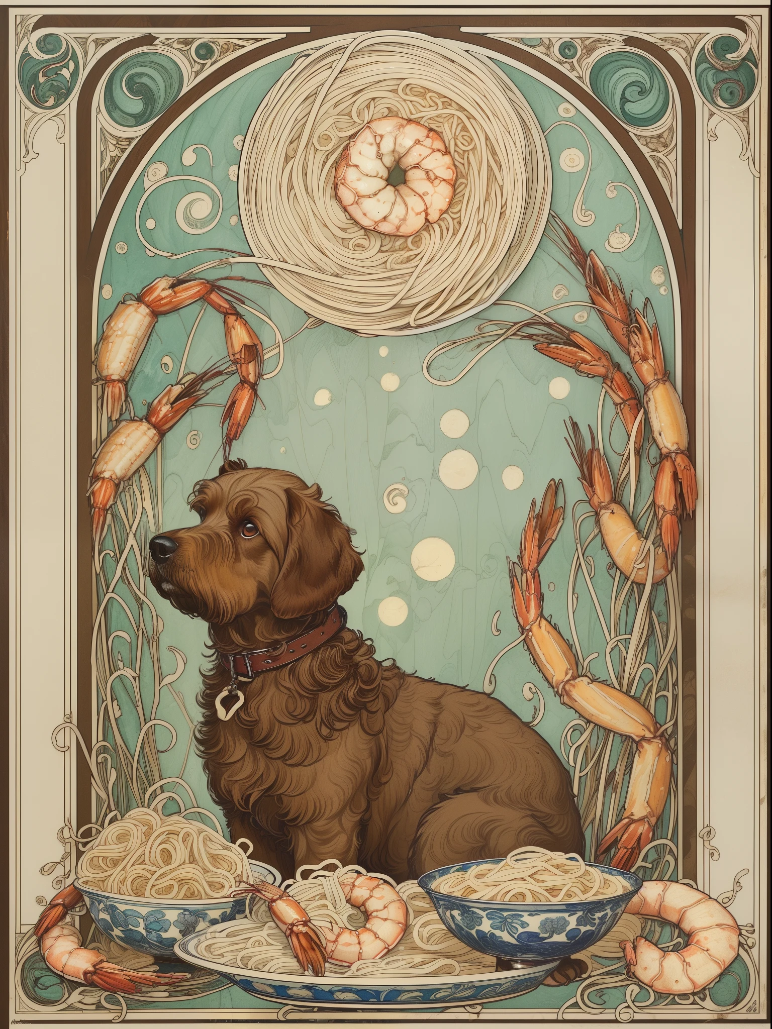 (best quality,4k,8k,highres,masterpiece:1.2),ultra-detailed,10's noodles advertisement poster, Art Nouveau Style, brown labradoodle and a bowl of noodles with shrimp inside, simple color palette, poster takes up the full frame, simple design,ArsMJStyle, Art Nouveau, dog lording over noodles, 