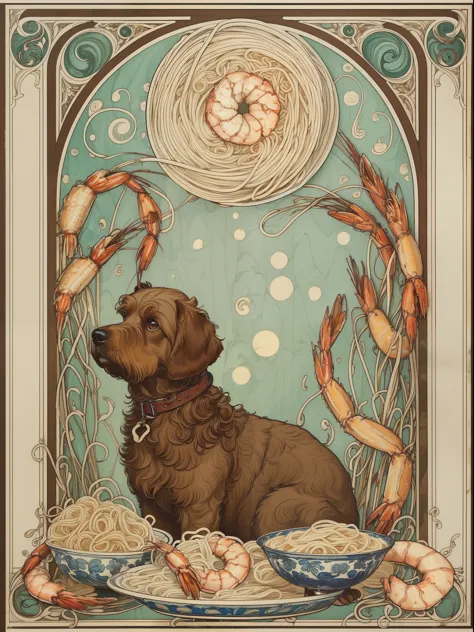 (best quality,4k,8k,highres,masterpiece:1.2),ultra-detailed,10's noodles advertisement poster, art nouveau style, brown labradoo...