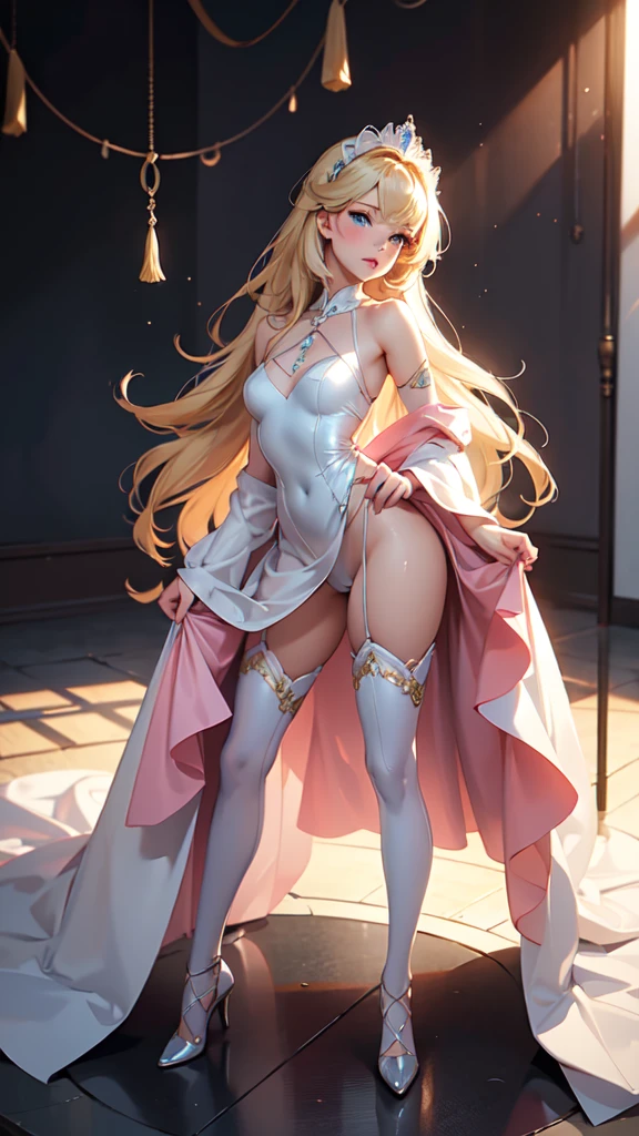 1girl, solo, elegant hair (full body: 1.1), (side at the viewer: 1.1), filmg , sweet_lolita, Best quality, masterpiece, blond hair, blue eyes, Exquisite mouth,Very detailed face, blush, Shiny wet skin, Pink lips, Delicate lips, one piece race queen cosplay outfit, garage background, low lighting,  standing with one leg slightly bent at the knee, hands on her waist or one hand on her hip and the other hanging loosely.
