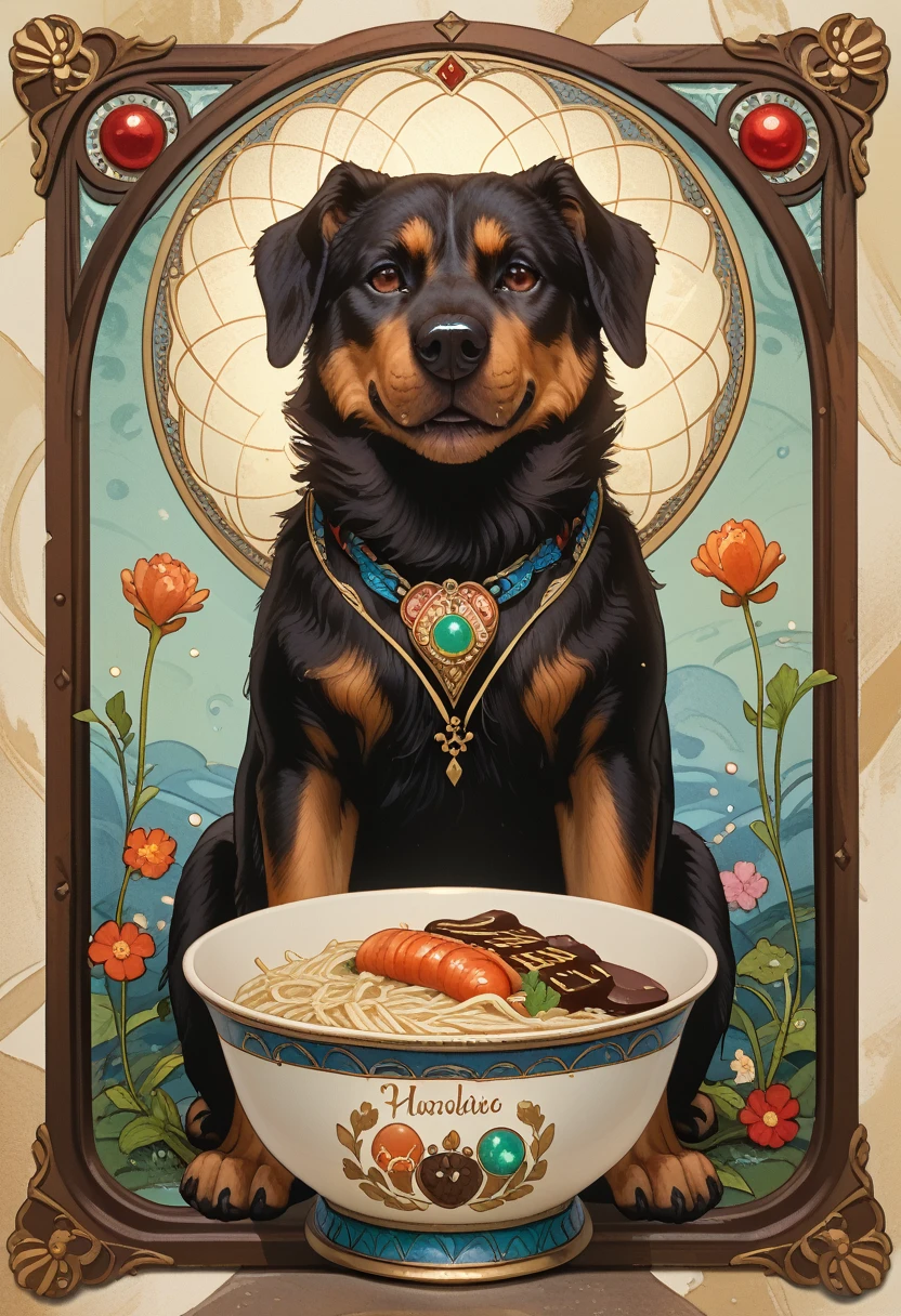 score_9, score_8_up, score_7_up,(best quality,4k,8k,highres,masterpiece:1.2),ultra-detailed,10's noodles advertisement poster, Art Nouveau Style, brown labradoodle and a bowl of noodles with shrimp inside, simple color palette, poster takes up the full frame, simple design,ArsMJStyle, Art Nouveau, Logo of a chocolate labradoodle, dog's face 