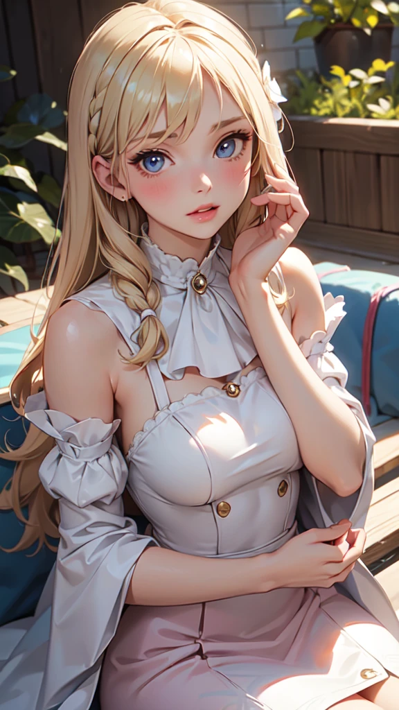 1girl, solo, elegant hair (upper body: 1.1), (side at the viewer: 1.1), filmg , sweet_lolita, Best quality, masterpiece, blond hair, blue eyes, Exquisite mouth,Very detailed face, blush, Shiny wet skin, Pink lips, Delicate lips, one piece race queen cosplay outfit, garage background, low lighting,  sitting with her head slightly tilted down, eyes softly gazing downward, and hands gently touching her face or resting in her lap.
