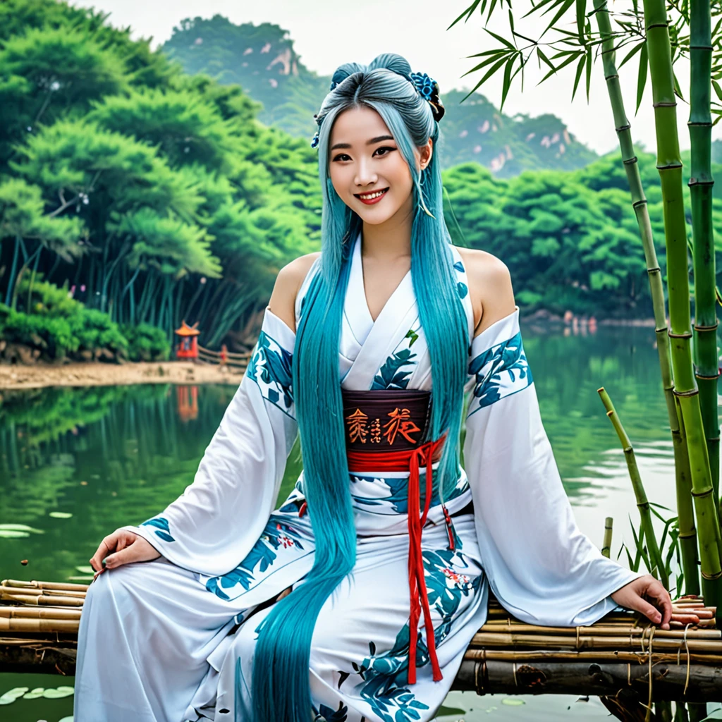 work of art, best qualityer, offcial art, 8k wallpaper, very detailled, illustration, 1 , chinese style, inking, sky blue hair, long hair, detailedeyes, fun in the forest, bared shoulders, Hanfu, lake, puros, soft smiling, bamboo, tea