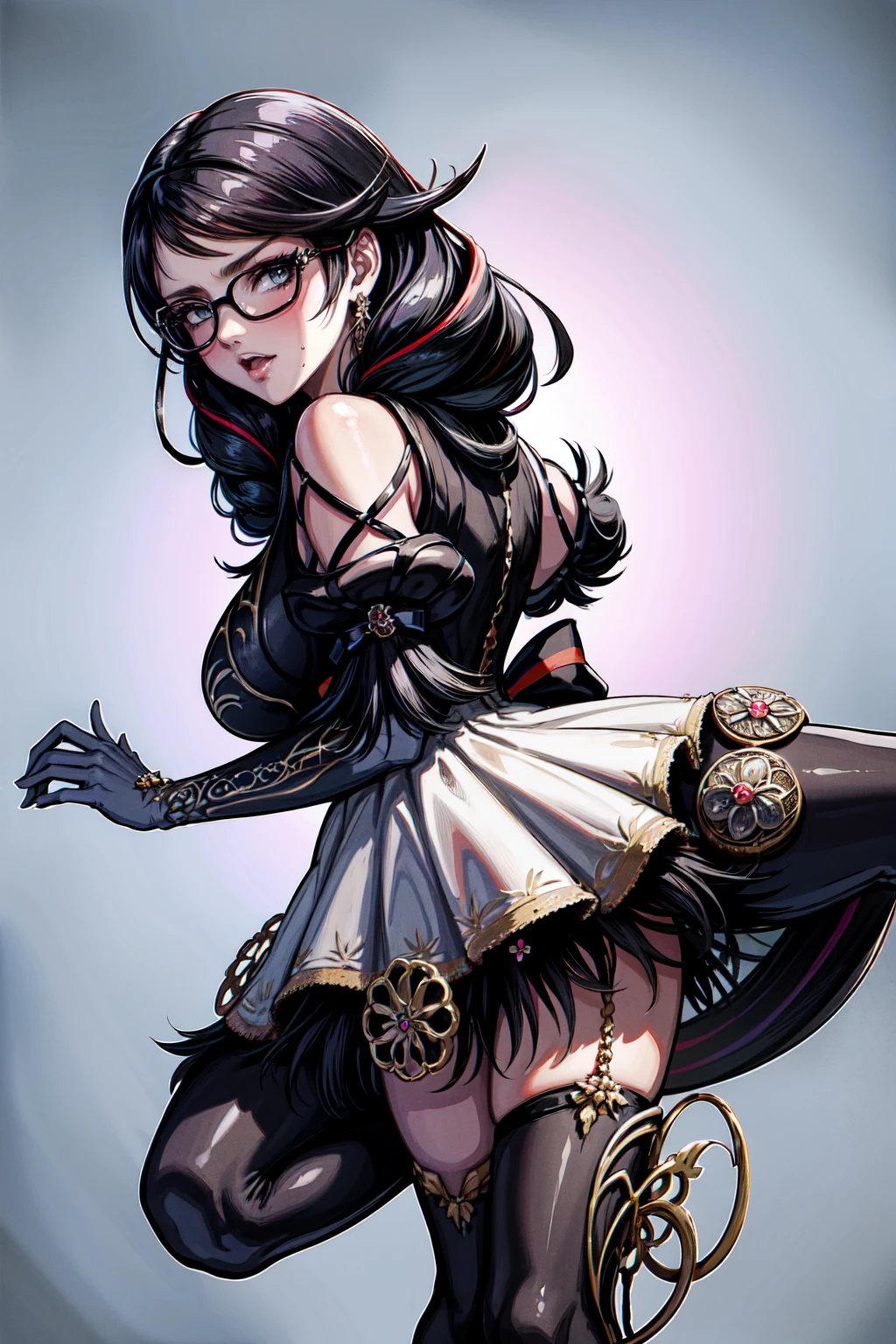 (masterpiece:1.4),(best quality:1.4),(absurdres:1.4),pin-up,bayonetta_3_twintail_aiwaifu,glasses,blue_eyes ,black_hair,long_hair,two-tone_hair,twintails,breasts,jewelry,earrings,gloves,mole_under_mouth,lips,large_breasts, Thick_thighs, curvy_hips, twin_braids,makeup,black-framed_eyewear,bodysuit,elbow_gloves,very_long_hair,lipstick,multicolored_hair,ribbon,amulet,hair_ribbon,dress,thighhighs,white_gloves,eyeshadow,bangs,clothing_cutout, (absurdres, highres, incredibly_absurdres:1.4),scenery,masterpiece,backwards, looking back