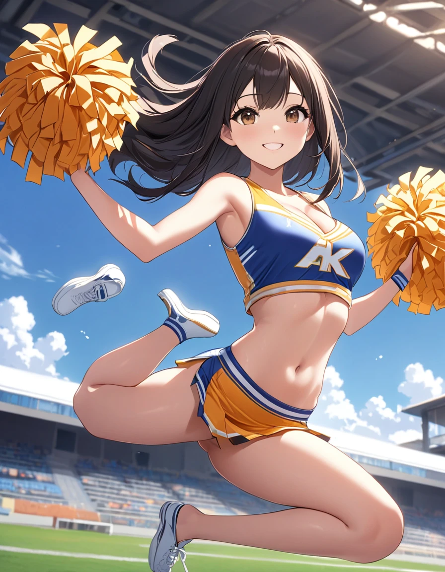 4k, bestquality, detailed, detailed scenery, detailed eyes, 1Girl, cute, adorable, straight hair, long hair, black hair, brown eyes, cleavage, smiling, looking at the camera, from side, daylight, (cheerleader, bare navel:1.2), (in air:1.5), (flying:1.5), arched back, (beautiful jumping form:1.5), fold knees