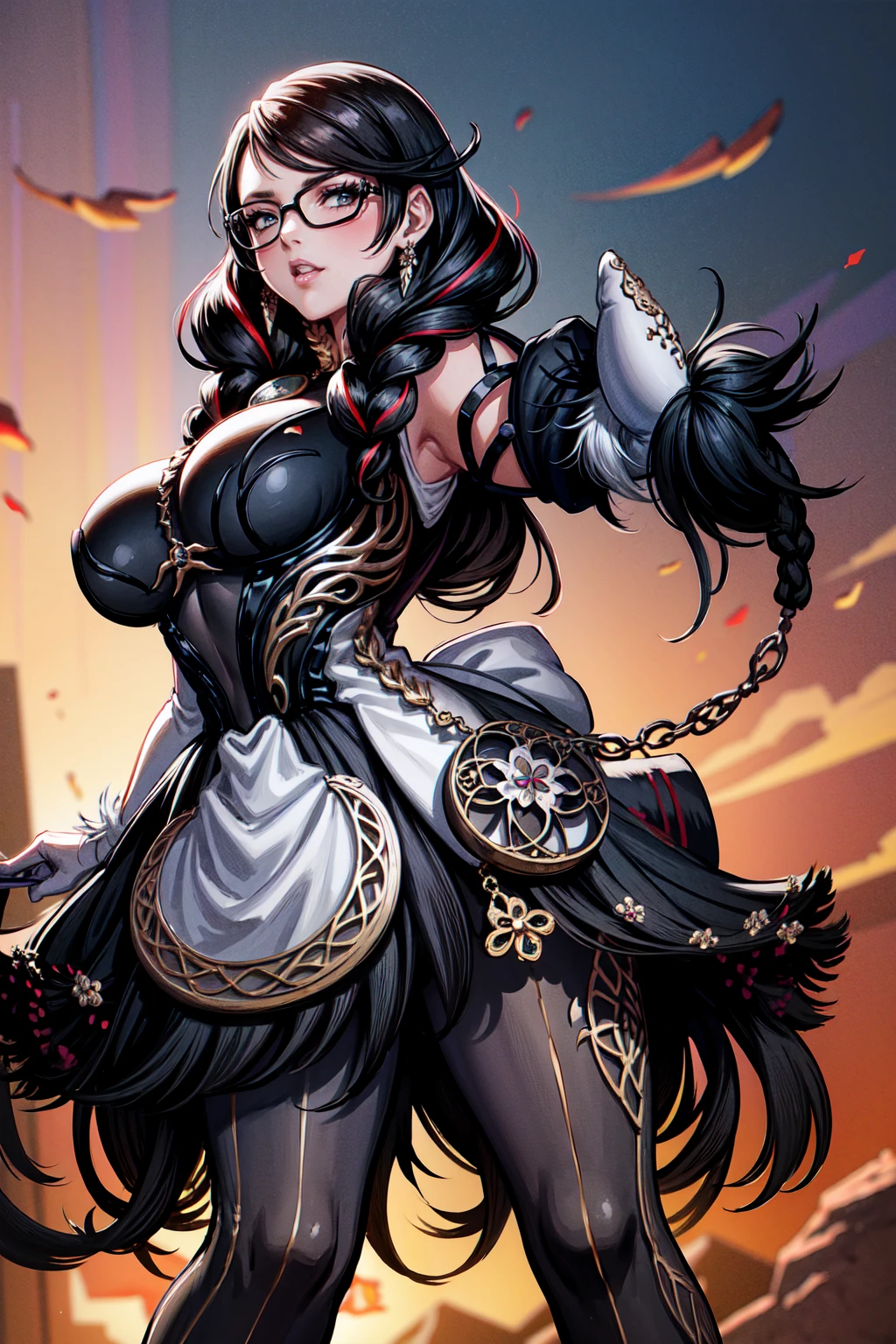 (masterpiece:1.4),(best quality:1.4),(absurdres:1.4),pin-up,bayonetta_3_twintail_aiwaifu,glasses,blue_eyes ,black_hair,long_hair,two-tone_hair,twintails,breasts,jewelry,earrings,gloves,mole_under_mouth,lips,large_breasts, Thick_thighs, curvy_hips, twin_braids,makeup,black-framed_eyewear,bodysuit,elbow_gloves,very_long_hair,lipstick,multicolored_hair,ribbon,amulet,hair_ribbon,dress,thighhighs,white_gloves,eyeshadow,bangs,clothing_cutout, (absurdres, highres, incredibly_absurdres:1.4),scenery,masterpiece,backwards, looking back