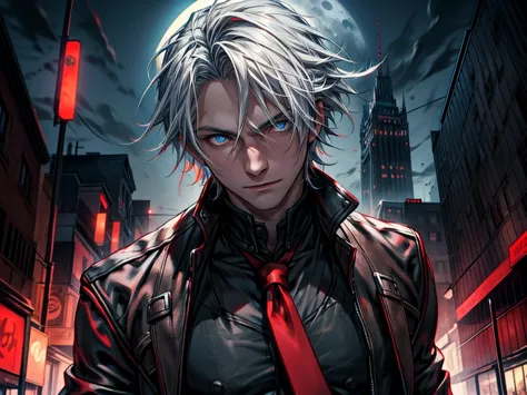 male, white medium length hair, blue eyes, black and red leather jacket, black shirt, red tie, black vest. a detailed eye. city ...