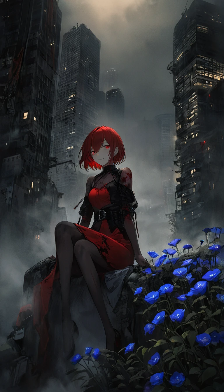 Red Tata Costume。Beauty in the mist,Sitting in the fog。Black belt。smile。Red short-haired。amount, Beautiful red eyes。Dead skin。alone。darkness。Spooky atmosphere。Japan。City of Concrete。Dark atmosphere without light。night。blue flower,Chiaroscuro,Skyscraper。