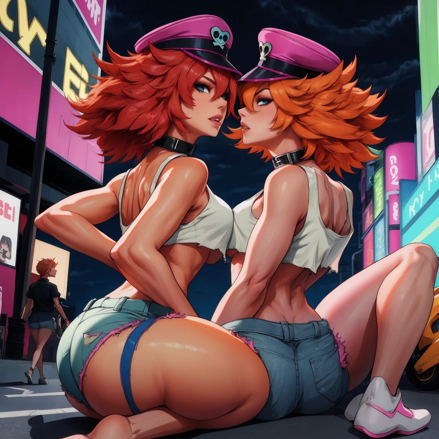 (two girls, Poison Kiss and Roxy) poison, pink hair,blue eyes ,long hair, white crop top,collar,short shorts, peaked cap, whole body, sitting on the motocicle together ,orange hair,blue eyes ,long hair, white crop top,collar,short shorts, peaked capsmile,looking at viewer, night,neon lights,streets, (insanely detailed, masterpiece, best quality), backwards, looking back