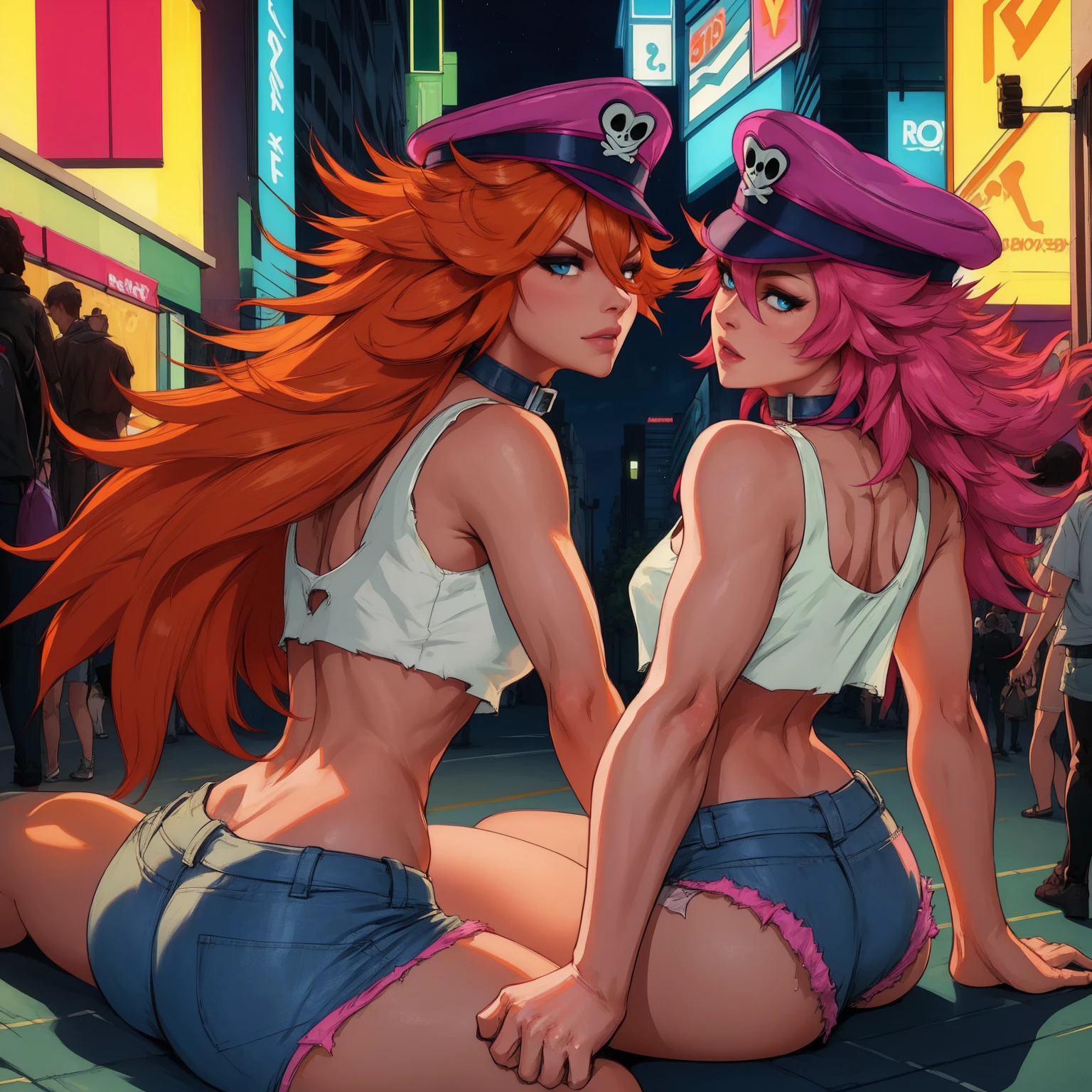 (two girls, Poison Kiss and Roxy) poison, pink hair,blue eyes ,long hair, white crop top,collar,short shorts, peaked cap, whole body, sitting on the motocicle together ,orange hair,blue eyes ,long hair, white crop top,collar,short shorts, peaked capsmile,looking at viewer, night,neon lights,streets, (insanely detailed, masterpiece, best quality), backwards, looking back