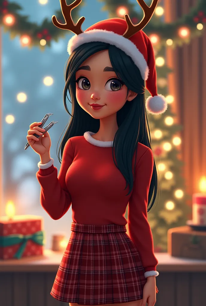 Animated woman with light brown skin and straight black hair, Full body dressed in Christmas theme and holding eyelash tweezers