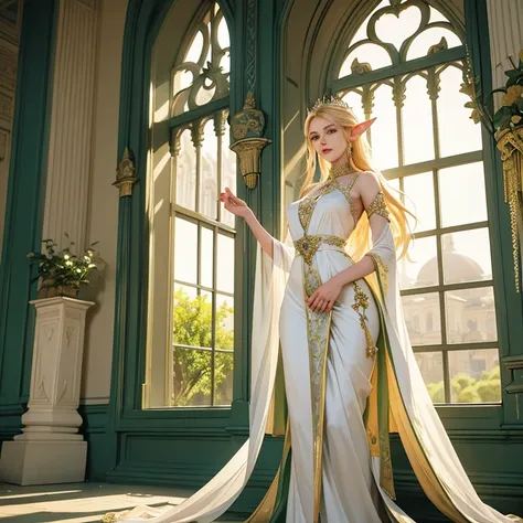 a mature elf queen with long blonde hair,pointy ears,beautiful detailed green eyes,wearing a white silk ceremonial garment,stand...