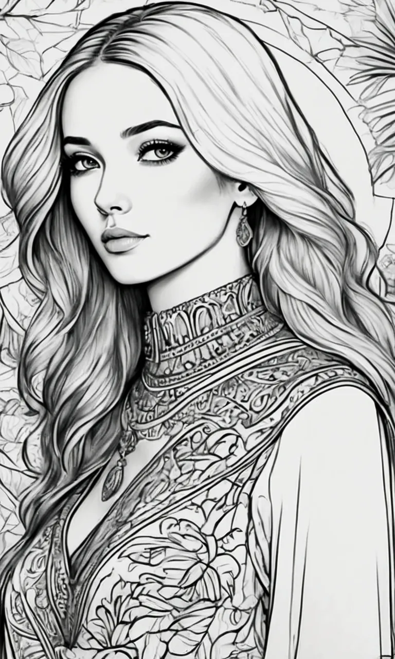 (black and white coloring book) line drawings, masterpiece, best quality, ultra-detailed, high resolution, very detailed face, (...