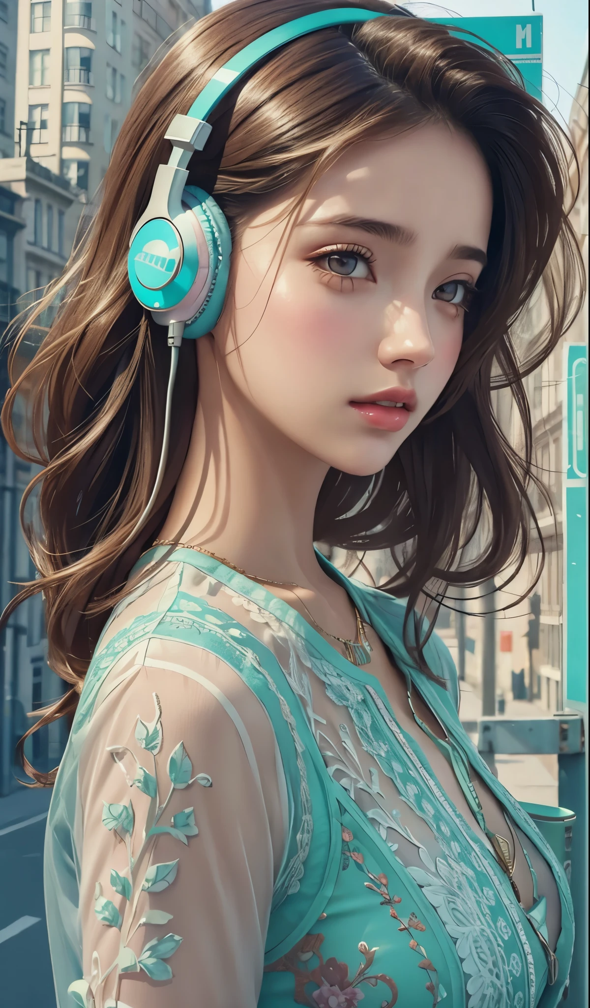 model girl wearing headphones, city background, brown eyes, intricate details, aesthetically pleasing pastel colors, poster background, 