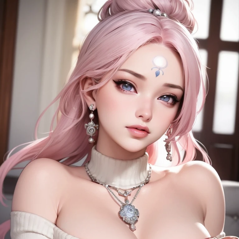 a beautiful detailed portrait of a pink-haired girl Sakura Haruno, wearing a black skirt, off-the-shoulder sweater, pearl earrings, wristwatch, beautiful detailed eyes, beautiful detailed lips, extremely detailed face and features, long eyelashes, full body closeup in living room, holding a bottle of sake, blushing face, cinematic lighting, shallow depth of field, intricate details, best quality, official art, artstation trending