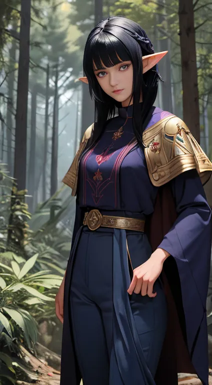 a dark blue skinned female elf with black hair and purple eyes, wearing a crimson cloak over a navy tunic, in a forest setting, ...