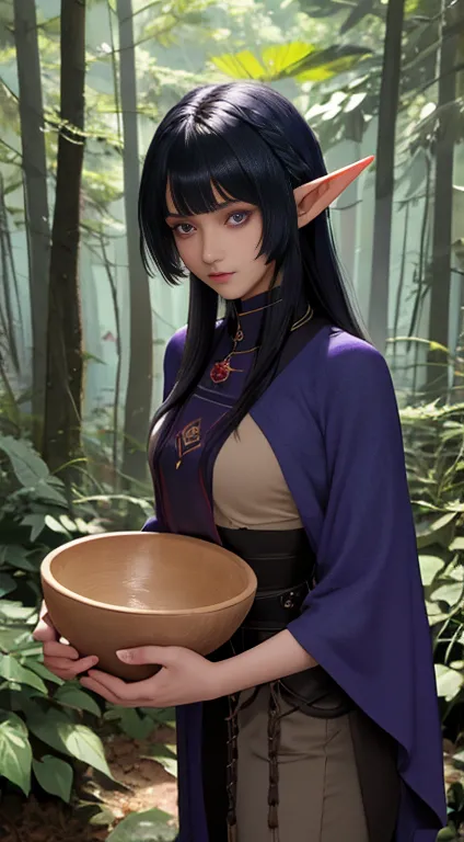 a dark blue skinned female elf with black hair and purple eyes, wearing a crimson cloak over a navy tunic, in a forest setting, ...