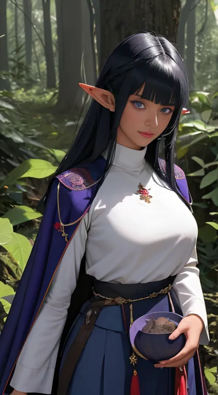 a dark blue skinned female elf with black hair and purple eyes, wearing a crimson cloak over a navy tunic, in a forest setting, ...