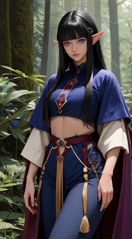 a dark blue skinned female elf with black hair and purple eyes, wearing a crimson cloak over a navy tunic, in a forest setting, ...