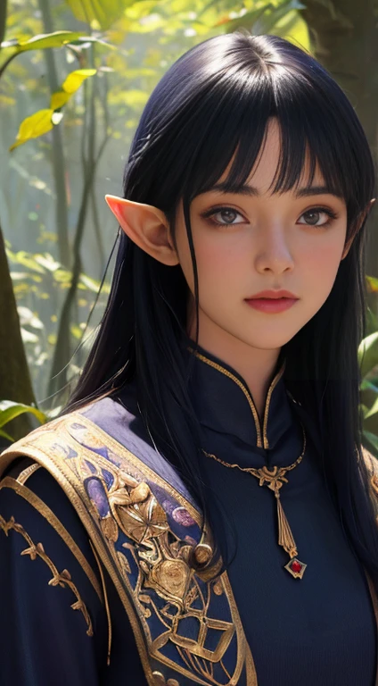 A dark blue skinned female elf with black hair and purple eyes, wearing a crimson cloak over a navy tunic, in a forest setting, with a modest expression, looking at the viewer, large breasts, bowl cut hairstyle, tight beige pants, (best quality,4k,8k,highres,masterpiece:1.2),ultra-detailed,(realistic,photorealistic,photo-realistic:1.37),fantasy,concept art,portrait,dramatic lighting,vivid colors