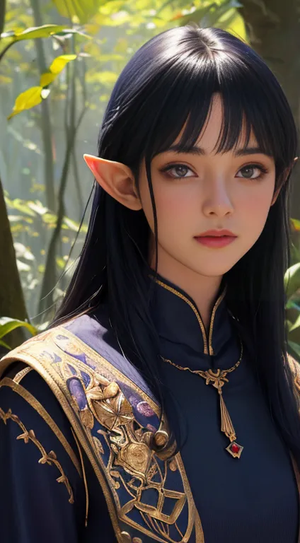 a dark blue skinned female elf with black hair and purple eyes, wearing a crimson cloak over a navy tunic, in a forest setting, ...