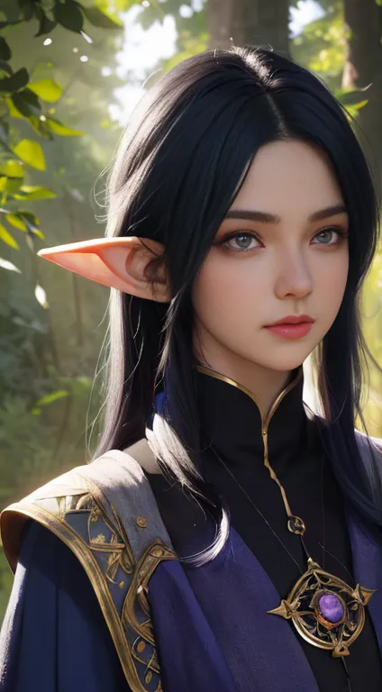 a dark blue skinned female elf with black hair and purple eyes, wearing a crimson cloak over a navy tunic, in a forest setting, ...