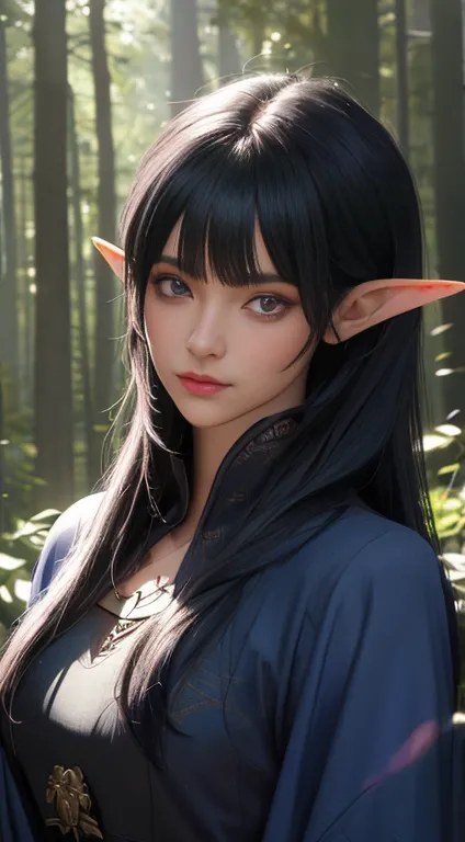 a dark blue skinned female elf with black hair and purple eyes, wearing a crimson cloak over a navy tunic, in a forest setting, ...